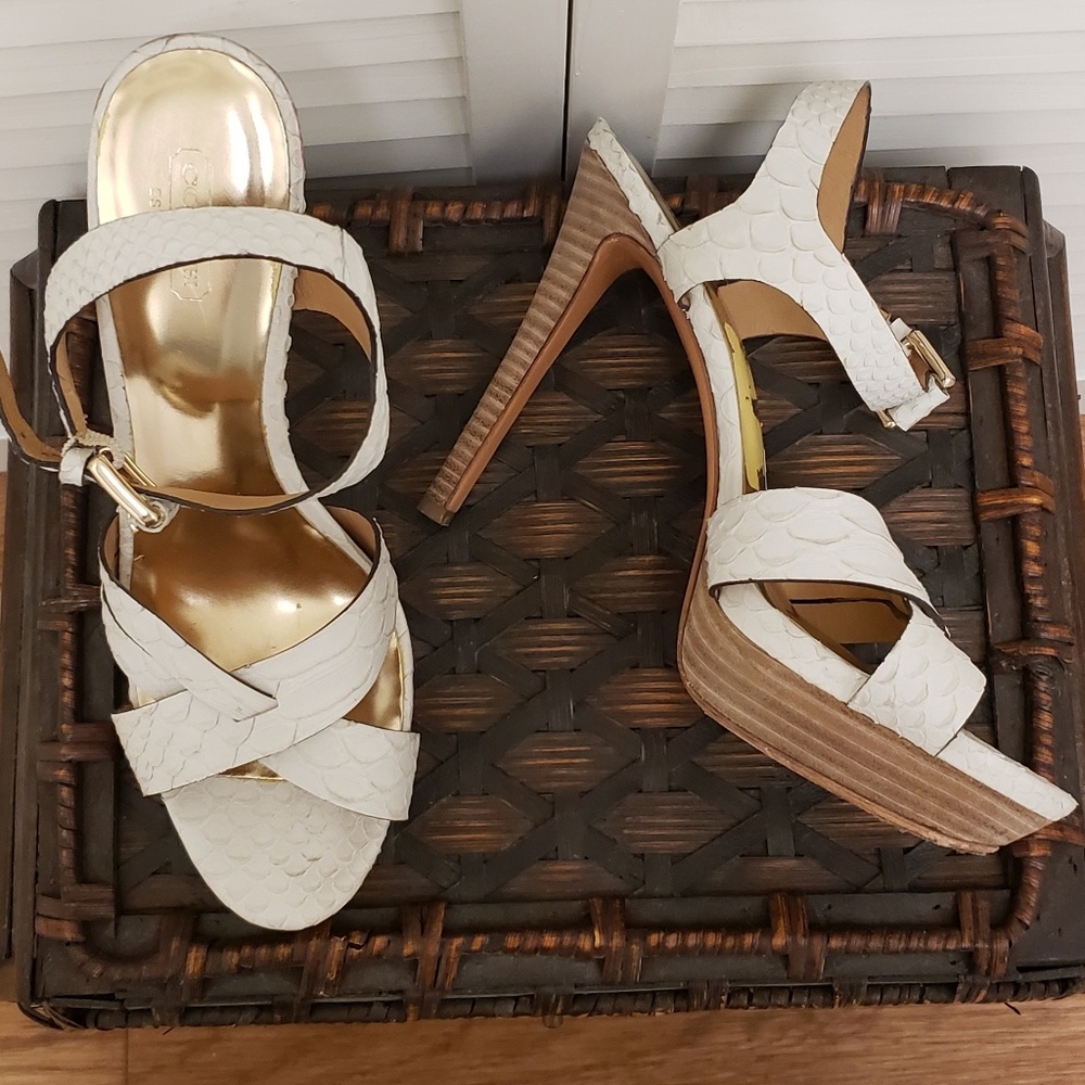 {Coach} White Leather "Snakeskin" Platform Sandals
